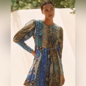 Anthropologie Blue and Green Floral Long Sleeve Dress